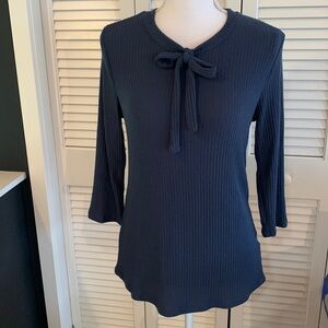 ModCloth Scoop Neck Tie Top Women’s Blue Ribbed Knit Shirt 3/4 Sleeve Size Large